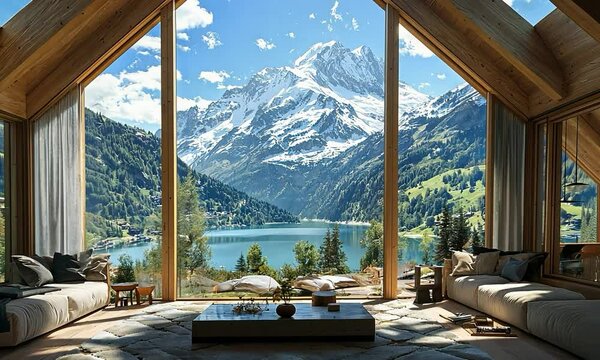Modern chalet with large windows and a timber frame, showcasing a breathtaking view of snow-capped peaks and a tranquil mountain lake