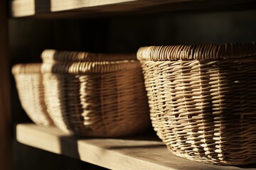 A detailed close-up of woven wicker baskets stacked on a rustic wooden shelf, soft morning light casting gentle shadows, showcasing their craftsmanship and utility 2
