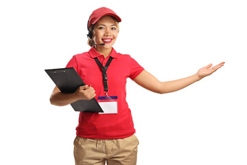 Filipina woman customer service operator with hands free device