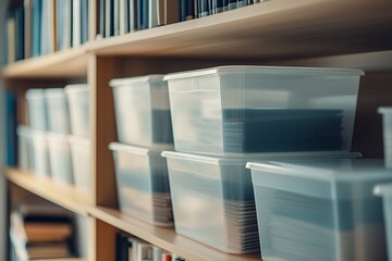 Obraz premium A captivating close-up of plastic storage bins arranged on a modern bookshelf, natural light creating a warm ambiance, showcasing their stylish design and practicality 2