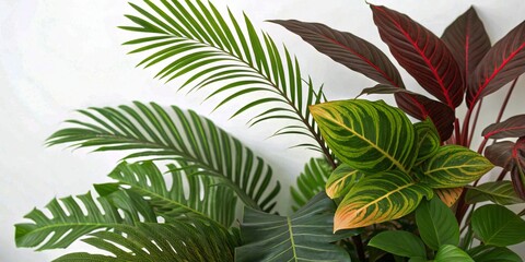 Tropical Leaves on White Background - Tilt-Shift Photography for Lush, Vibrant Aesthetic, Nature-Inspired Decor, Minimalist Design, Summer Vibes, Botanical Art, Greenery, Tropical Paradise
