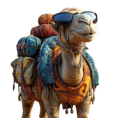 Cartoon Desert Camel Wears Sunglasses and Backpack