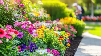 Fototapeta premium Close-Up of Flower Bed Maintenance in Soft Light