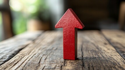 A red arrow pointing upwards is on a wooden table