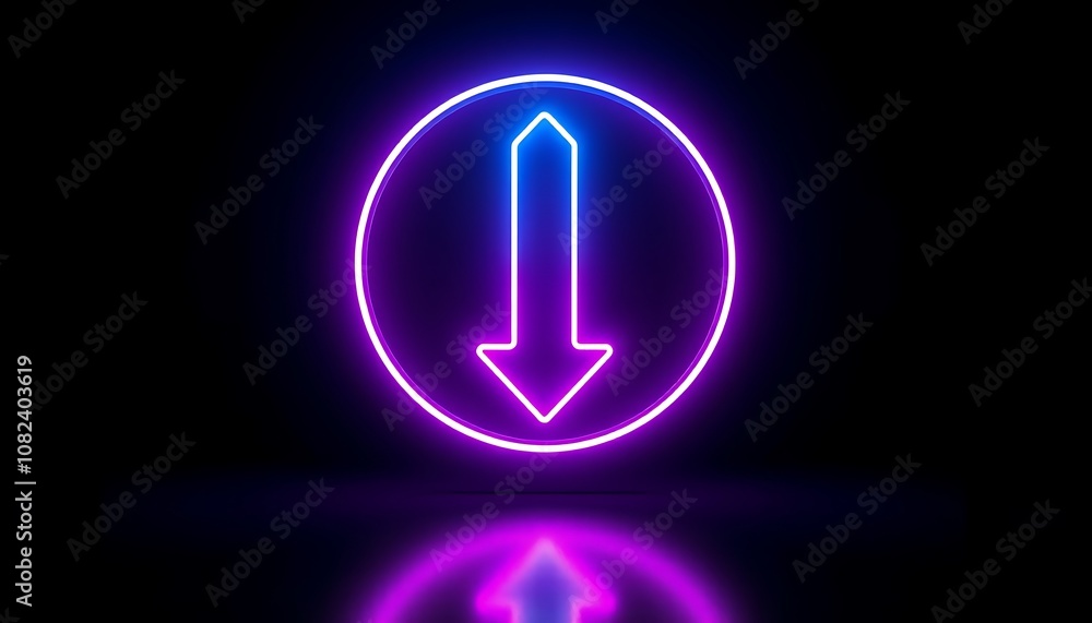 Poster glowing neon arrow pointing down in a circular frame with reflective surface