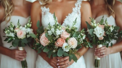 A bride and two bridesmaids in stunning lace dresses pose with pastel flower bouquets, featuring delicate peach and cream flowers, in a soft, romantic setting.