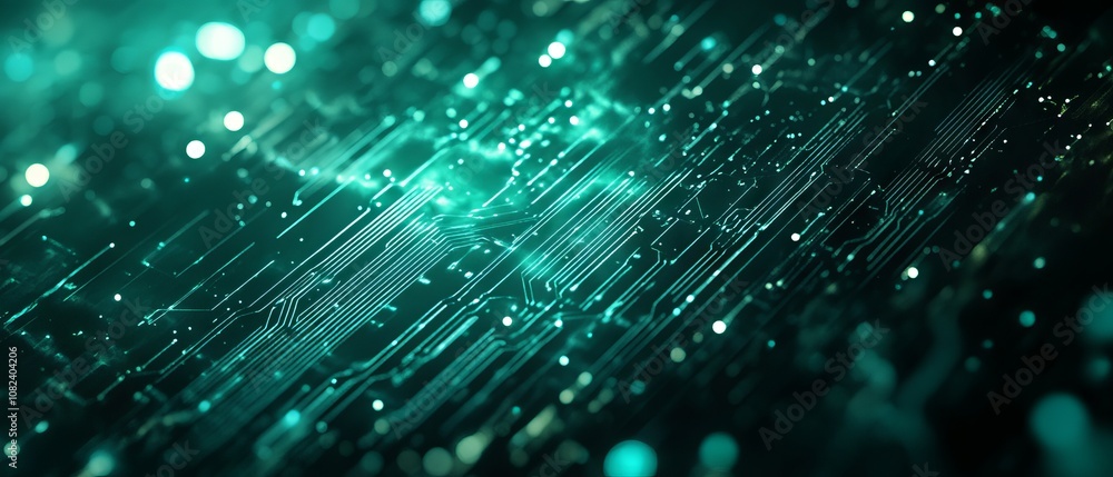 Poster futuristic digital technology and science background featuring abstract circuitry, holographic inter