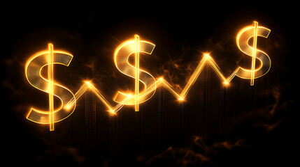 Golden dollar signs rising in a lin graph style, symbolizing a profitable quarter, dark abstract background.3
