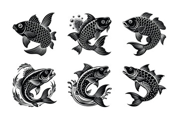 rui, rohu fish vector design, labeled line art and linocut silhouette illustration.