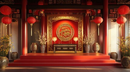 Fototapeta premium Elegant Traditional Chinese Interior with Rich Red Decor and Ornate Details Suitable for Celebrations and Cultural Events in a Serenity Atmosphere