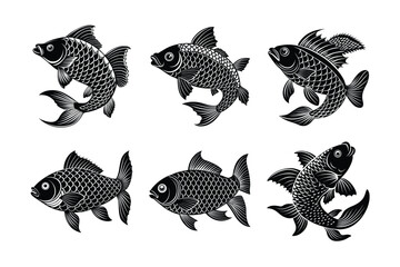 rui, rohu fish vector design, labeled line art and linocut silhouette illustration.