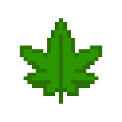 Cannabis leaf 8-bit icon game element, Cannabis leaf pixel item for game interface.