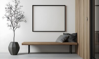 Minimalist interior featuring a bench, empty frame, and a decorative plant.