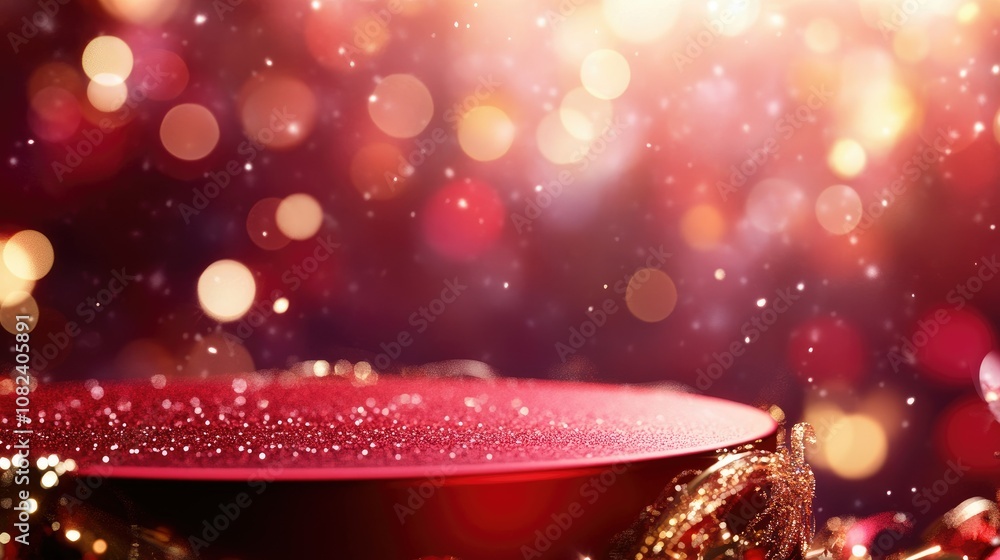 Poster sparkling red round platform surrounded by glimmering golden ribbons and soft bokeh background for f