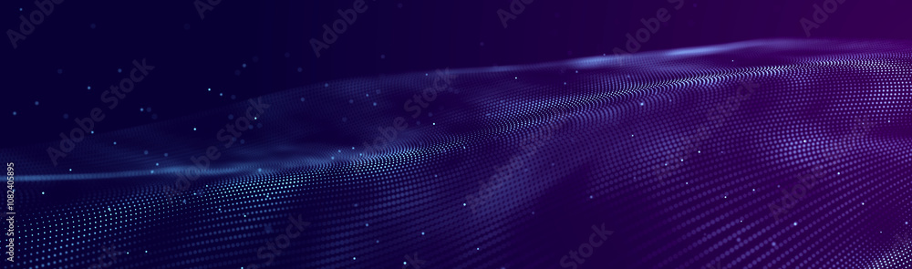 Poster Futuristic wave of dots with moving particles. Abstract technology background. 3D visualization of big data. 3D rendering.