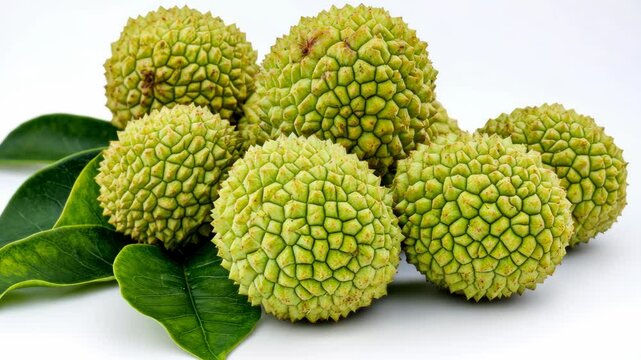 A cluster of green, spiky fruits sit on a white surface next to some leaves