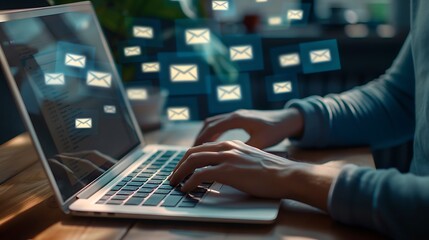 A person typing on a laptop with floating email icons, symbolizing communication and digital interaction.