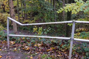 Broken metallic fence in autumn forest showing signs of neglect and vandalism