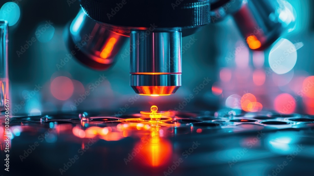 Poster high-resolution close-up of a microscope objective with bright lighting, revealing a droplet on a tr