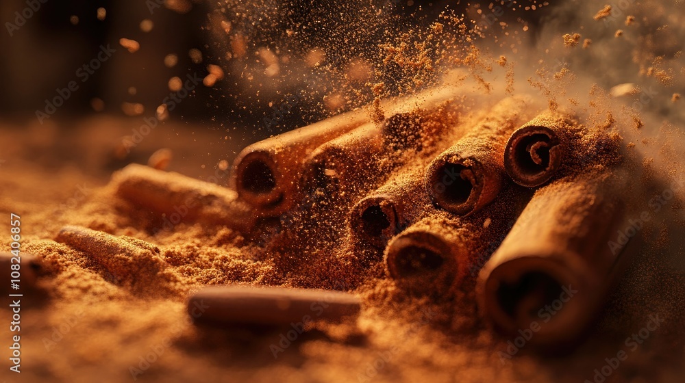 Poster cinnamon sticks and ground spice spreading flavor and warmth in a cozy culinary setting with dust an