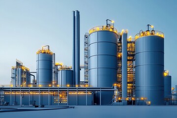 Obraz premium Illuminated biomass power plant modern facility industrial infrastructure twilight scene futuristic design renewable energy concept