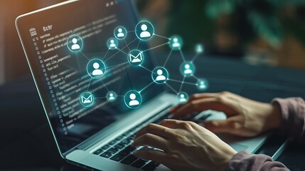 A person typing on a laptop, with a digital network of user icons and messages overlaying the screen.