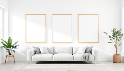 Modern Living Room with Blank Picture Frame Mockup – Scandinavian Interior Style