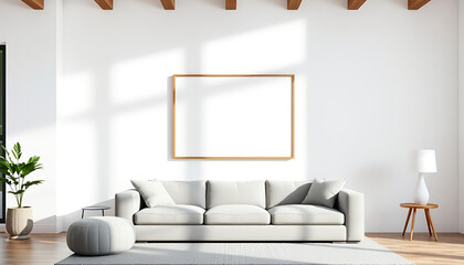 Blank Picture Frame Mockup – Modern Interior with Sofa and White Wall