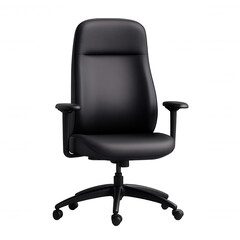 Fototapeta premium Black five-wheeled office chair with adjustable backrest and cushioned seat, isolated on white background for maximum detail visibility.