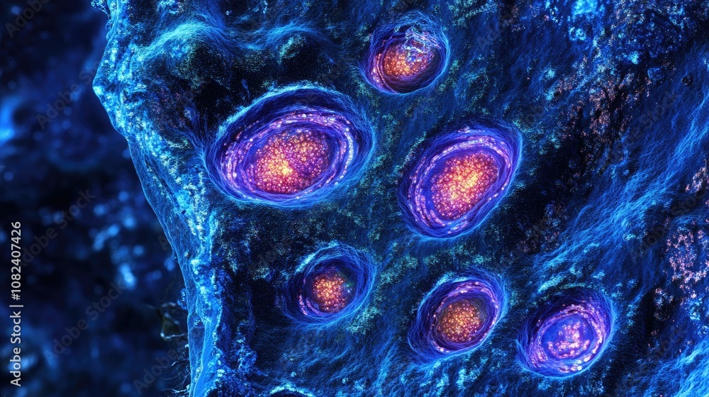 Poster close-up view of vibrant biological cells in a dark microscopic environment with complex patterns an