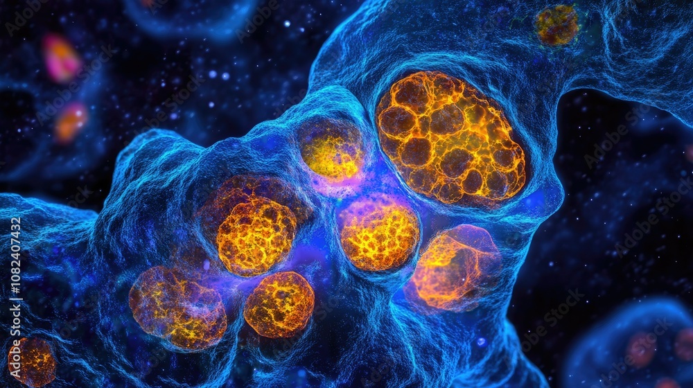 Poster intricate cellular structure of colorful cells in blue space background representing biological proc