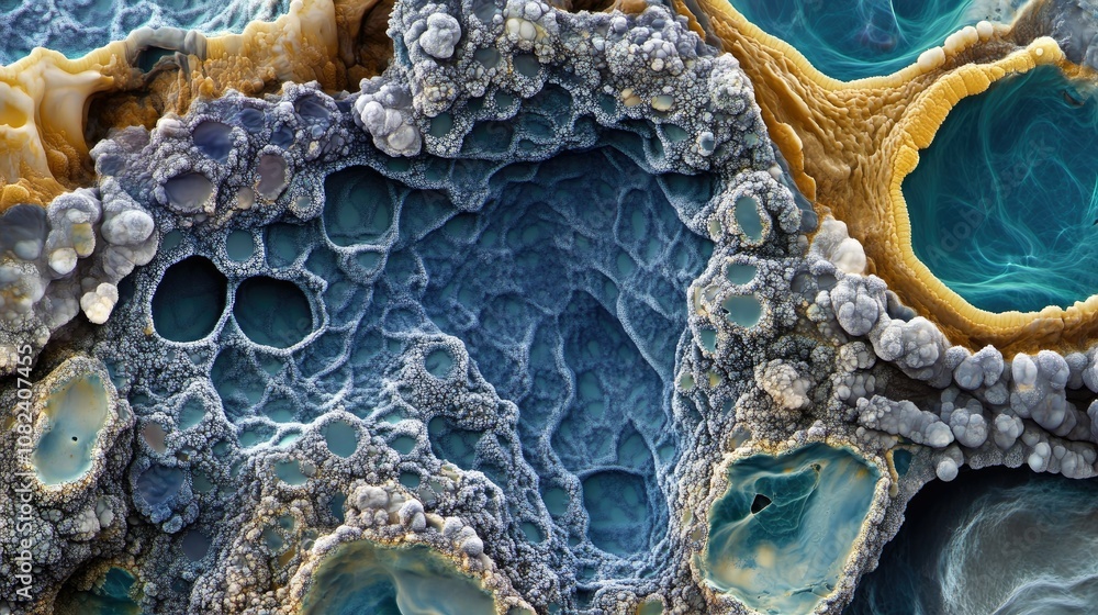 Poster abstract macro view of colorful textured surface with organic shapes and intricate details resemblin