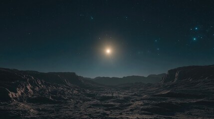 Stunning Cosmic Landscape under the Bright Starry Sky with a Distant Sun and Rocky Terrain Highlighting the Beauty of Outer Space and Celestial Bodies
