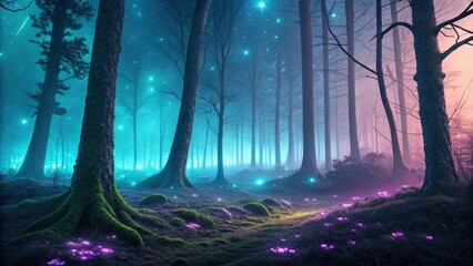 Neon Forest Landscape with Outlined Trees and Ethereal Glow