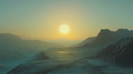 Serene Sunrise Over Majestic Mountains with Soft Hues and Peaceful Landscape on a Calm Morning in a Remote Region of Nature's Beauty