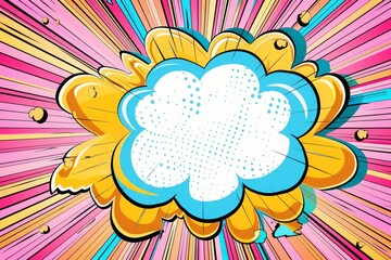 White comic speech bubble with blue and yellow outline on a colorful radial burst background in pop art style. Suitable for poster, banner, greeting card, and postcard design. Generative AI