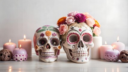 Illustration of Dia de los Muertos celebration with colorful skulls and candles.Colorful skulls with candles to celebrate the Day of the Dead