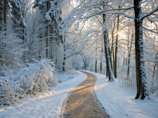 Obraz premium Winter Wonderland Pathway in a Snowy Forest - Serene Winter Landscape with Snow-Covered Trees, Frosty Ground, and Tranquil Pathway Perfect for Holiday and Seasonal Themes