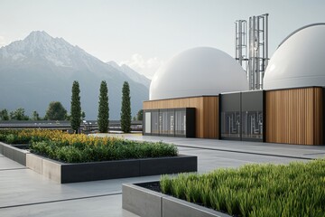 Innovative biomass energy generation mountainous landscape facility overview eco-friendly environment futuristic design concept