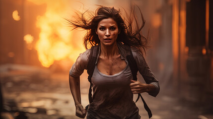 Action shot with woman on the run. Dynamic scene in action movie blockbuster style.