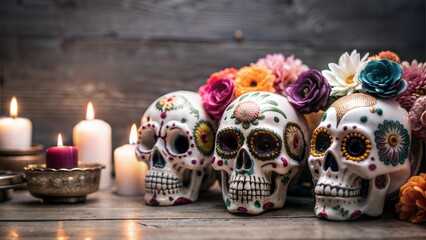 Illustration of Dia de los Muertos celebration with colorful skulls and candles.Colorful skulls with candles to celebrate the Day of the Dead