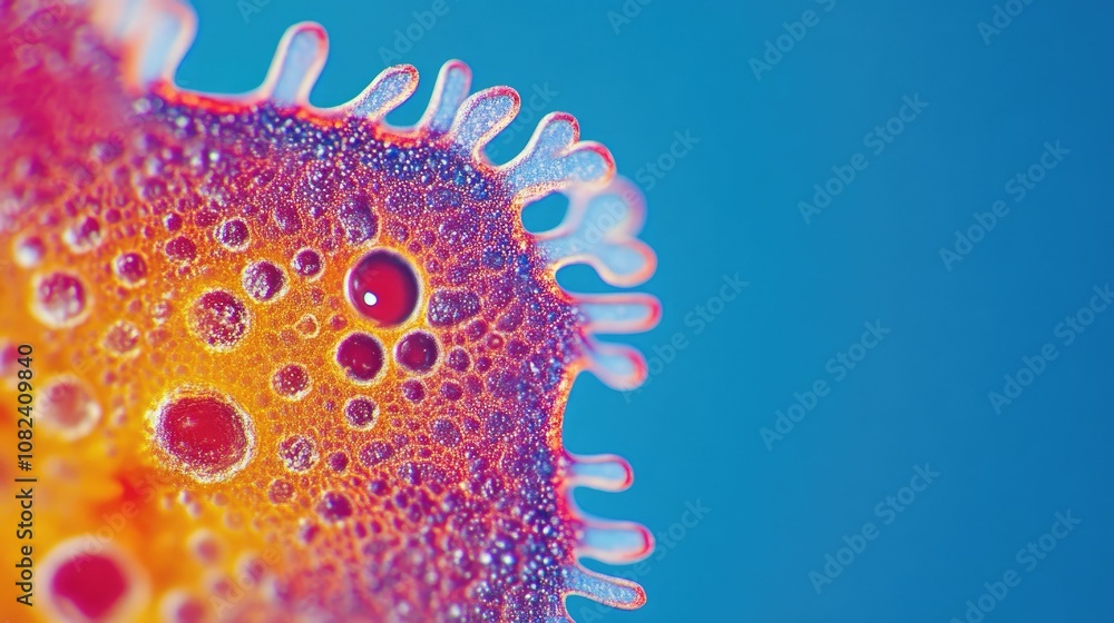Poster abstract close-up of a vibrant, colorful microorganism showcasing intricate structures and patterns 