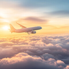 Fototapeta premium A passenger airplane flying above a sea of clouds during a serene sunrise, with warm sunlight illuminating the sky