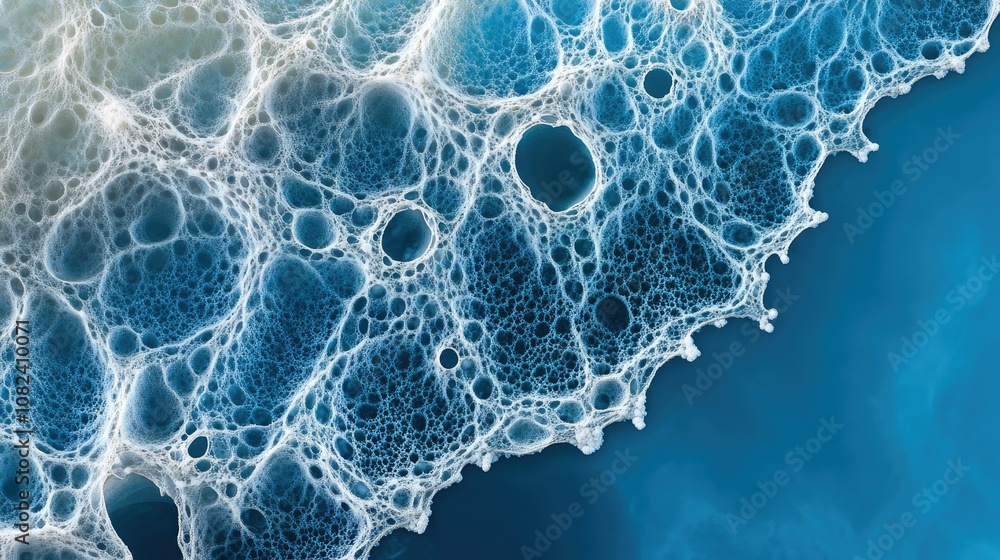 Poster abstract aqueous texture with bubbles and foam pattern in shades of blue and white, creating a tranq