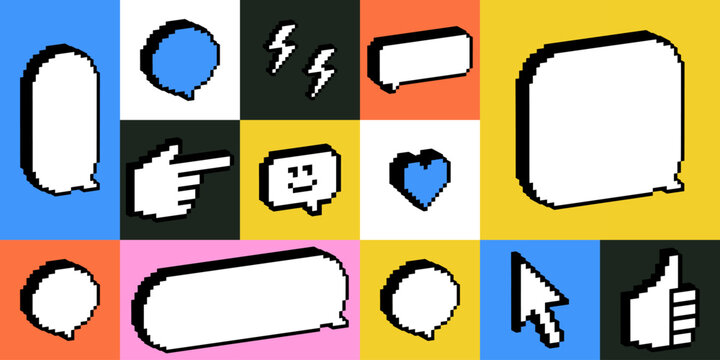 Pixel speech bubble set. Y2k trendy pattern, bg, collage, poster. Bright modern shape for chat, text message, dialog, conversation frame. Retro style dialogue box, icons. Futuristic 3d vector elements