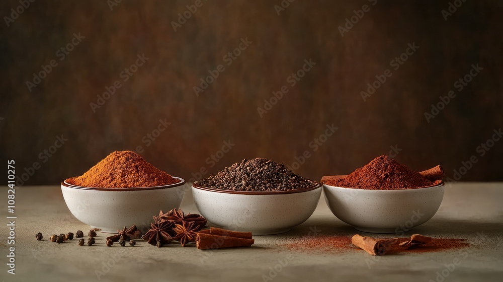 Poster vibrant array of spices showcasing various textures and colors in rustic bowls against a warm gradie