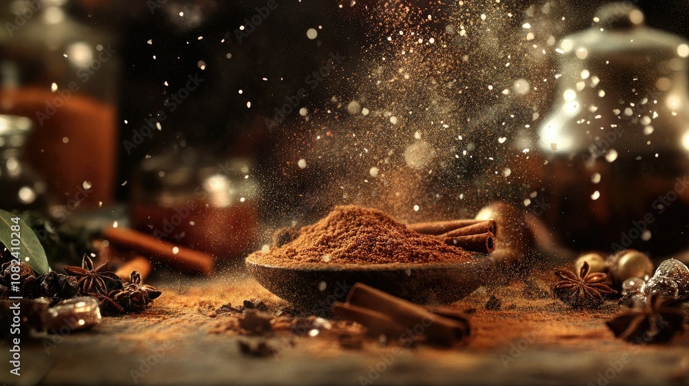 Poster ground cinnamon and spices in a rustic kitchen setting with warm lighting and a magical dust effect 