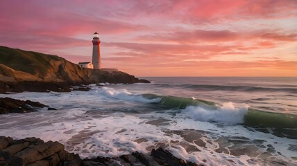 A serene coastal landscape at sunrise with pink and orange hues in the sky, waves gently crashing on the shore, and a lighthouse standing tall on a cliff. The scene captures the peaceful beauty