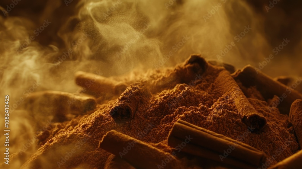 Poster warm and aromatic cinnamon spices creating an inviting atmosphere with soft smoke and rich texture f