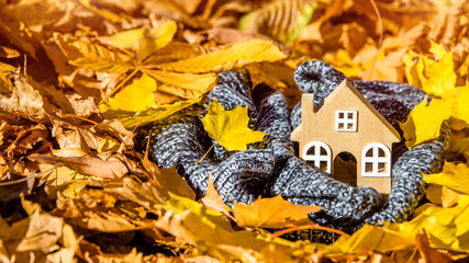 The symbol of the house stands among the fallen autumn leaves
